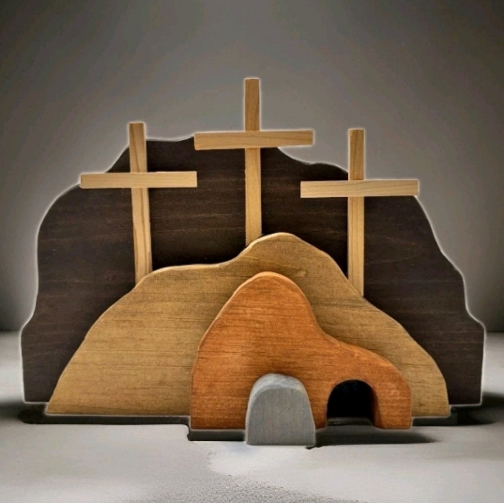 Handmade Crafted Wooden Easter Cross Empty Tomb Resurrection Scene